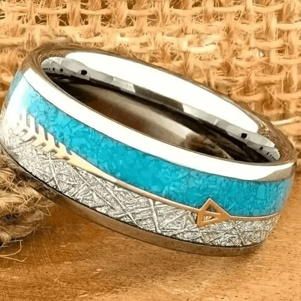 Western Arrow Turquoise Inlay Stainless Steel Wedding Mens Ring
